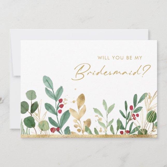 Modern Christmas Greenery | Bridesmaid Proposal Invitation (Front)