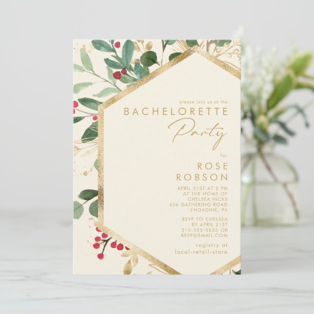 Modern Christmas Greenery Cream Bachelorette Party Invitation (Standing Front)