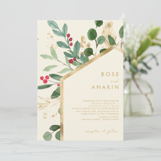 Modern Christmas Greenery | Cream Wedding Invitation (Standing Front)