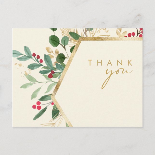 Modern Christmas Greenery Cream Wedding Thank You Postcard (Front)