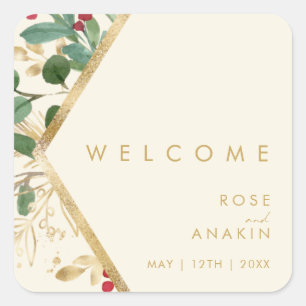 Modern Christmas Greenery   Cream Wedding Welcome Square Sticker