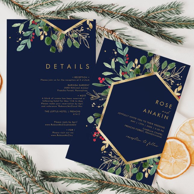 Modern Christmas Greenery | Navy All In One Invitation (Creator Uploaded)