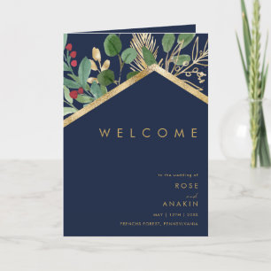 Modern Christmas Greenery   Navy Folded Wedding Program