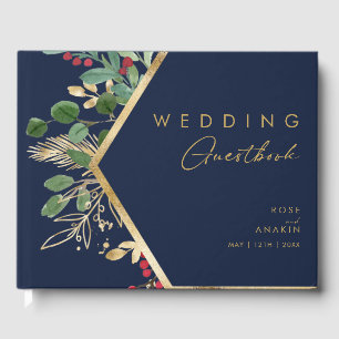 Modern Christmas Greenery   Navy Guest Book