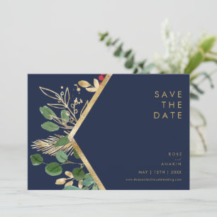 Modern Christmas Greenery   Navy Horizontal Save The Date