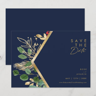 Modern Christmas Greenery   Navy Horizontal Save The Date