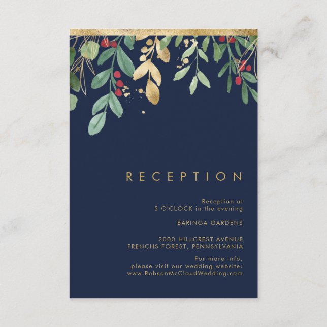 Modern Christmas Greenery | Navy Reception Enclosure Card (Front)