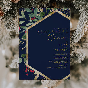 Modern Christmas Greenery   Navy Rehearsal Dinner Invitation