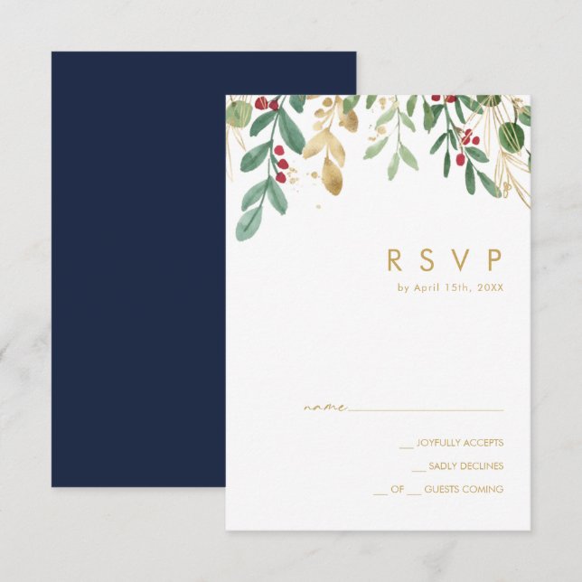 Modern Christmas Greenery | Navy RSVP Card (Front/Back)