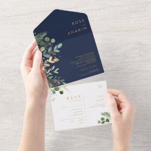 Modern Christmas Greenery Navy Seal And Send All All In One Invitation