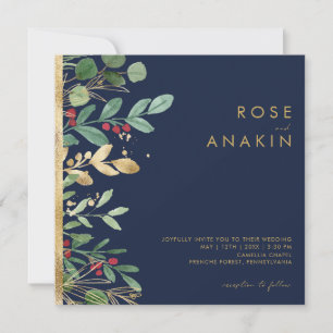 Modern Christmas Greenery   Navy Square Wedding Invitation
