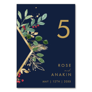 Modern Christmas Greenery   Navy Table Number