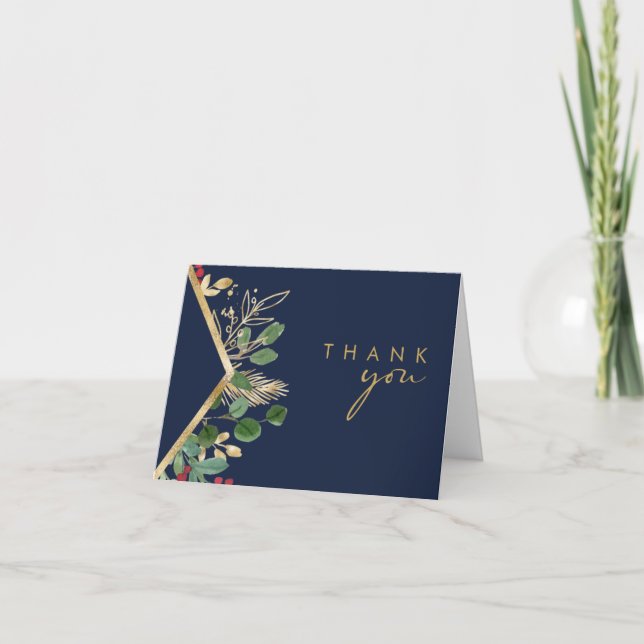 Modern Christmas Greenery | Navy Thank You Card (Front)