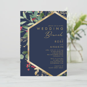 Modern Christmas Greenery Navy Wedding Brunch Invitation