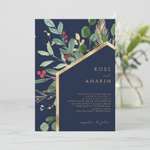 Modern Christmas Greenery   Navy Wedding Invitation