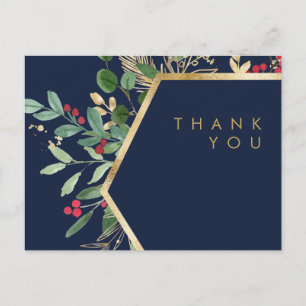 Modern Christmas Greenery Navy wedding thank you Postcard