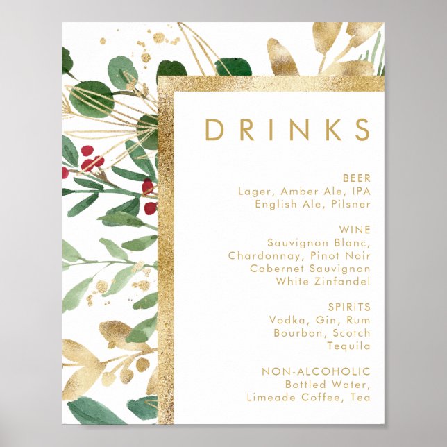 Modern Christmas Greenery | Wedding Drinks Menu Poster (Front)