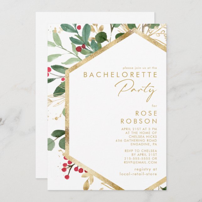 Modern Christmas Greenery White Bachelorette Party Invitation (Front/Back)