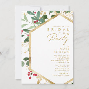 Modern Christmas Greenery White Bridal Tea Party Invitation