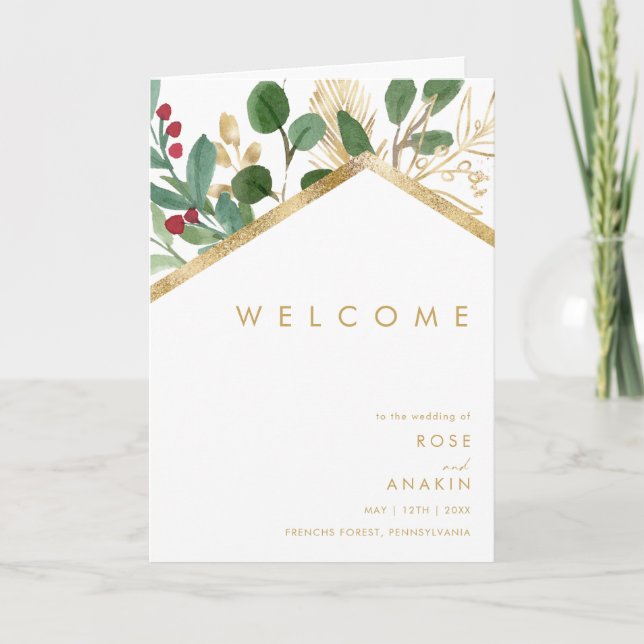Modern Christmas Greenery | White Folded Wedding Program (Front)