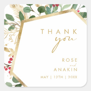 Modern Christmas Greenery White Thank You Wedding Square Sticker