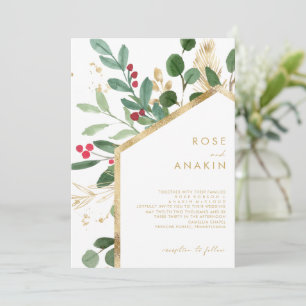 Modern Christmas Greenery   White Wedding Invitation