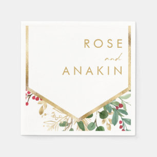 Modern Christmas Greenery White Wedding Napkins