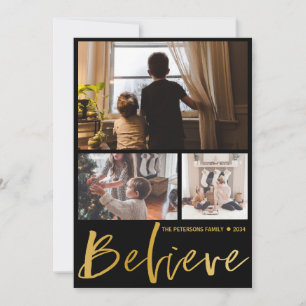 Modern Christmas Greeting Believe Gold Text Photo Holiday Card