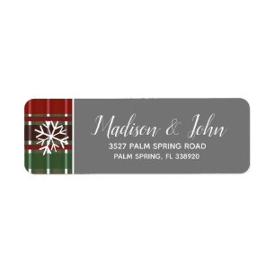Modern Christmas Grey Plaid Snowflakes Return Address Label
