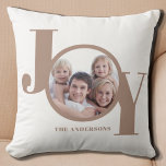 Modern Christmas Holiday Personalised Photo Cushion<br><div class="desc">This modern Christmas Holiday Photo Pillow is decorated with the word JOY in beige on a white background.
Easily customisable with your photo and name.</div>