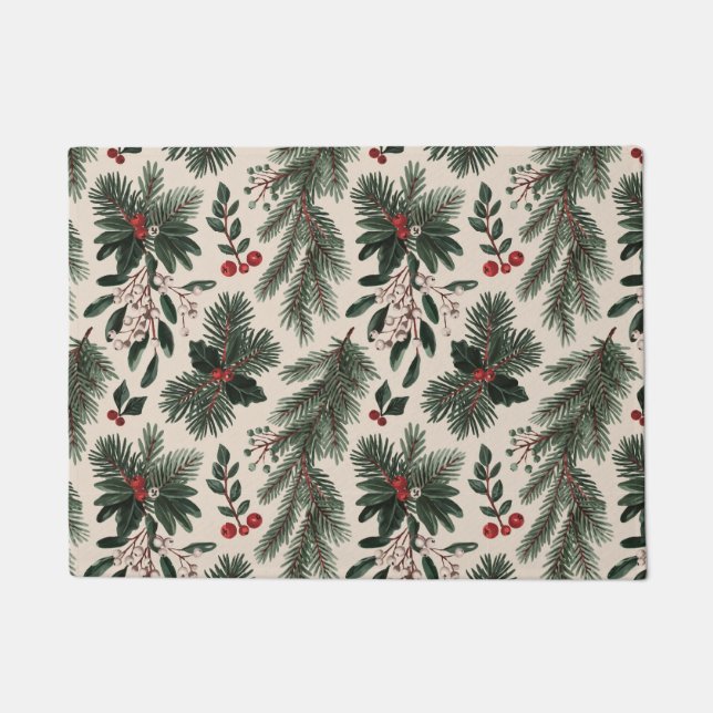 Modern Christmas holly berries leaves  Doormat (Front)