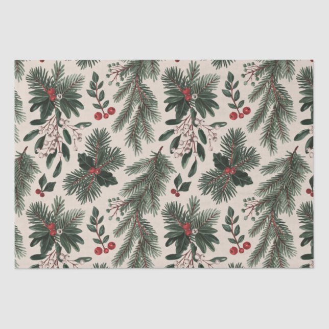 Modern Christmas holly berries leaves  Tissue Paper (Front)