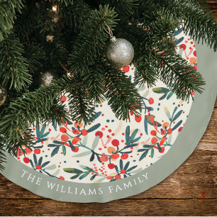 Modern Christmas Holly Berries Personalised Brushed Polyester Tree Skirt