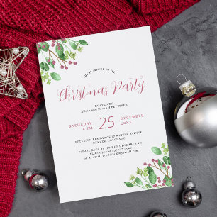 Modern Christmas holly berry greenery party Invitation
