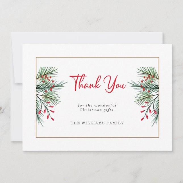 Modern Christmas Holly Berry Leaves Thank You Card (Front)