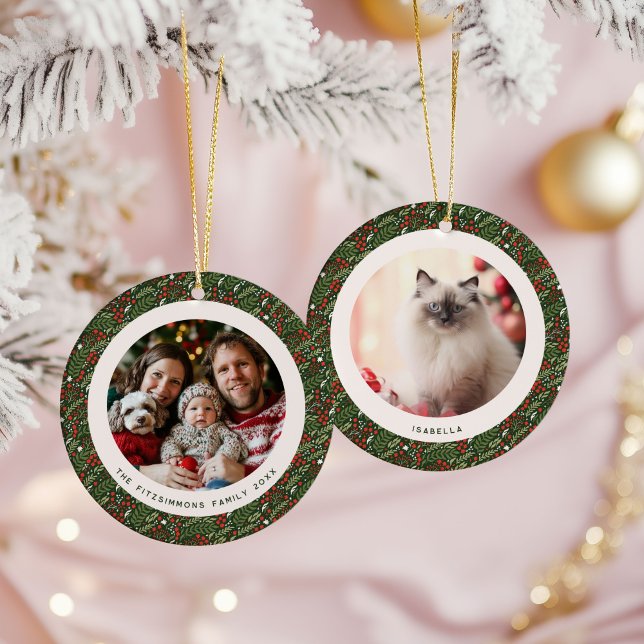 Modern Christmas Holly Foliage 2 Photos Ceramic Ornament (Holly Leaf Christmas 2 photos ornament)