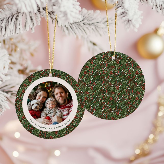 Modern Christmas Holly Foliage Family Photo Ceramic Ornament (Holly Leaf Christmas one photo ornament)