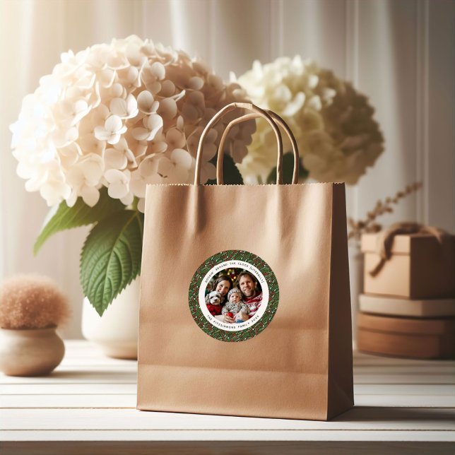 Modern Christmas Holly Foliage Photo Sticker (Holly Leaf Christmas photo round sticker
)