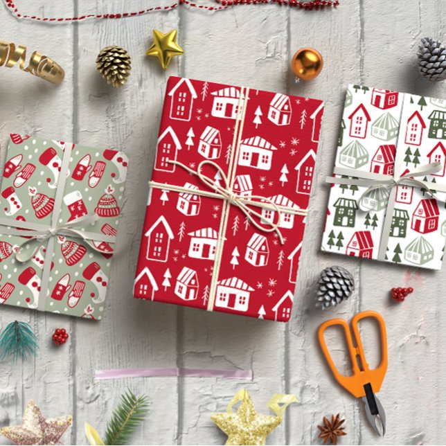 Modern Christmas Houses  Hand-Drawn Red and Sage Wrapping Paper Sheet (Hand Drawn Christmas set of 3 Wrapping Paper Sheet)
