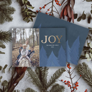 Modern Christmas Joy Gold & Blue Trees  Holiday Card