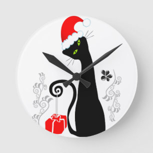 Modern Christmas Kitty Round Clock