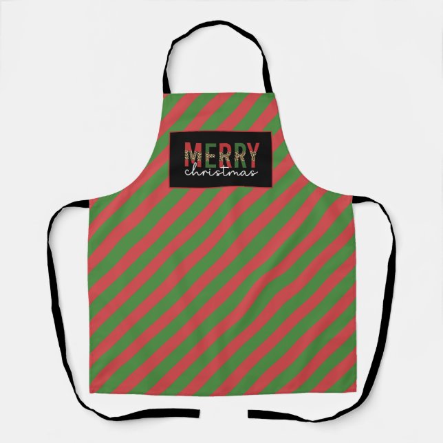 Modern Christmas Leopard Print Red Green Stripes Apron (Front)