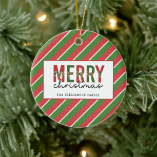 Modern Christmas Leopard Print Red Green Stripes Ceramic Ornament