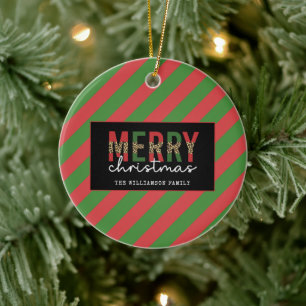 Modern Christmas Leopard Print Red Green Stripes Ceramic Ornament