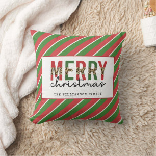 Modern Christmas Leopard Print Red Green Stripes Cushion