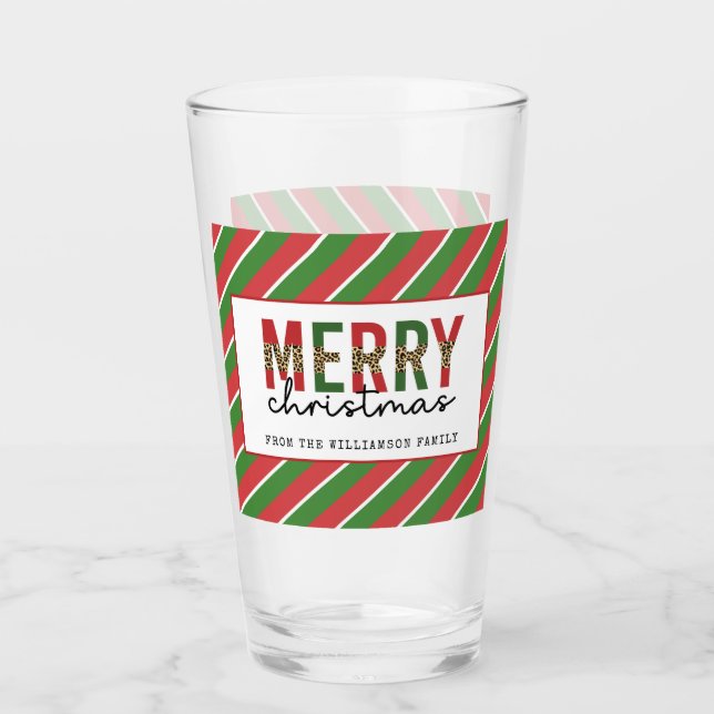 Modern Christmas Leopard Print Red Green Stripes Glass (Front)