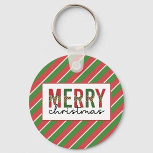 Modern Christmas Leopard Print Red Green Stripes Key Ring