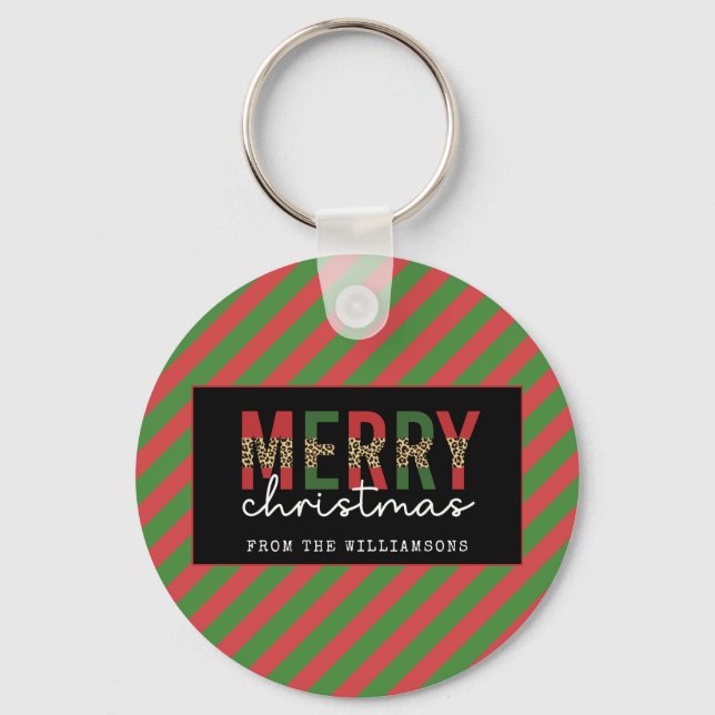 Modern Christmas Leopard Print Red Green Stripes Key Ring (Front)