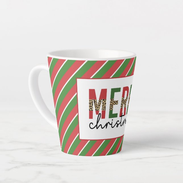 Modern Christmas Leopard Print Red Green Stripes Latte Mug (Left Angle)