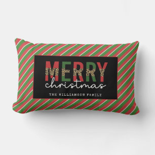 Modern Christmas Leopard Print Red Green Stripes Lumbar Cushion